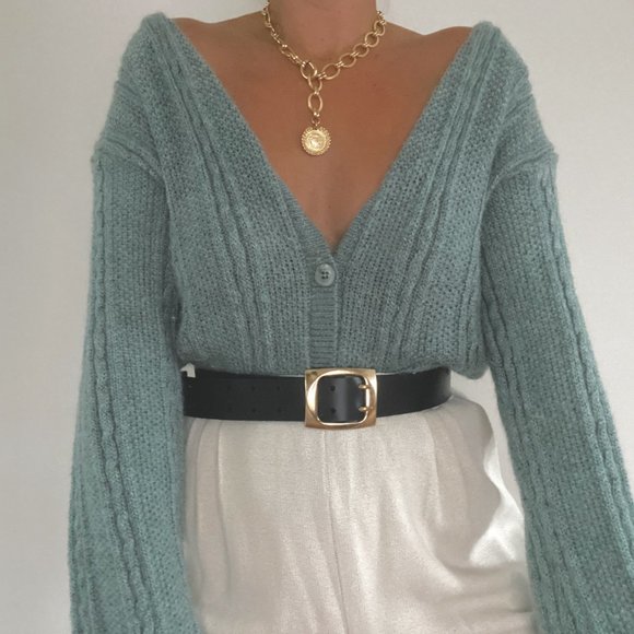 L.L. Bean Sweaters - Vintage L.L. Bean Sage Green Mohair Cable Knit Cardigan Sweater